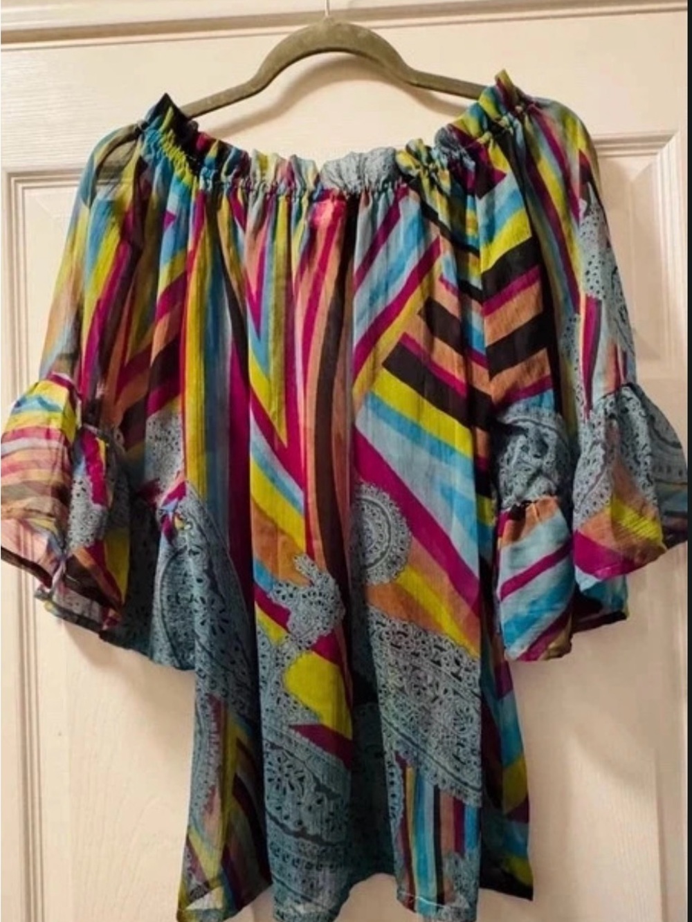 Off-Shoulder Multicolor Striped Ruffle-Sleeve Blouse - Picture 2 of 5
